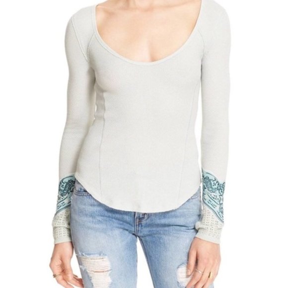 Free People Mint Bandana Cuff Round neck Waffle Thermal - Picture 1 of 8